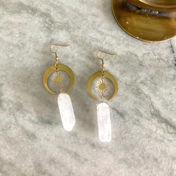 Quartz Stone Crescent Moon and Sun Drop Gold Earrings - Picture 3 of 5